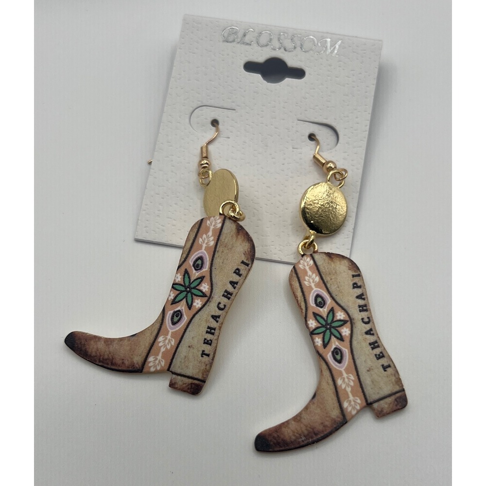 Blossom Tehachapi Cowboy Boot Drop Earrings Gold Tone Western Floral Country NEW